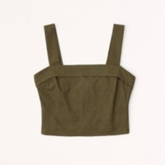 Abercrombie & Fitch Linen-Blend Foldover Set Cropped Top - Olive S - Picture 1 of 5